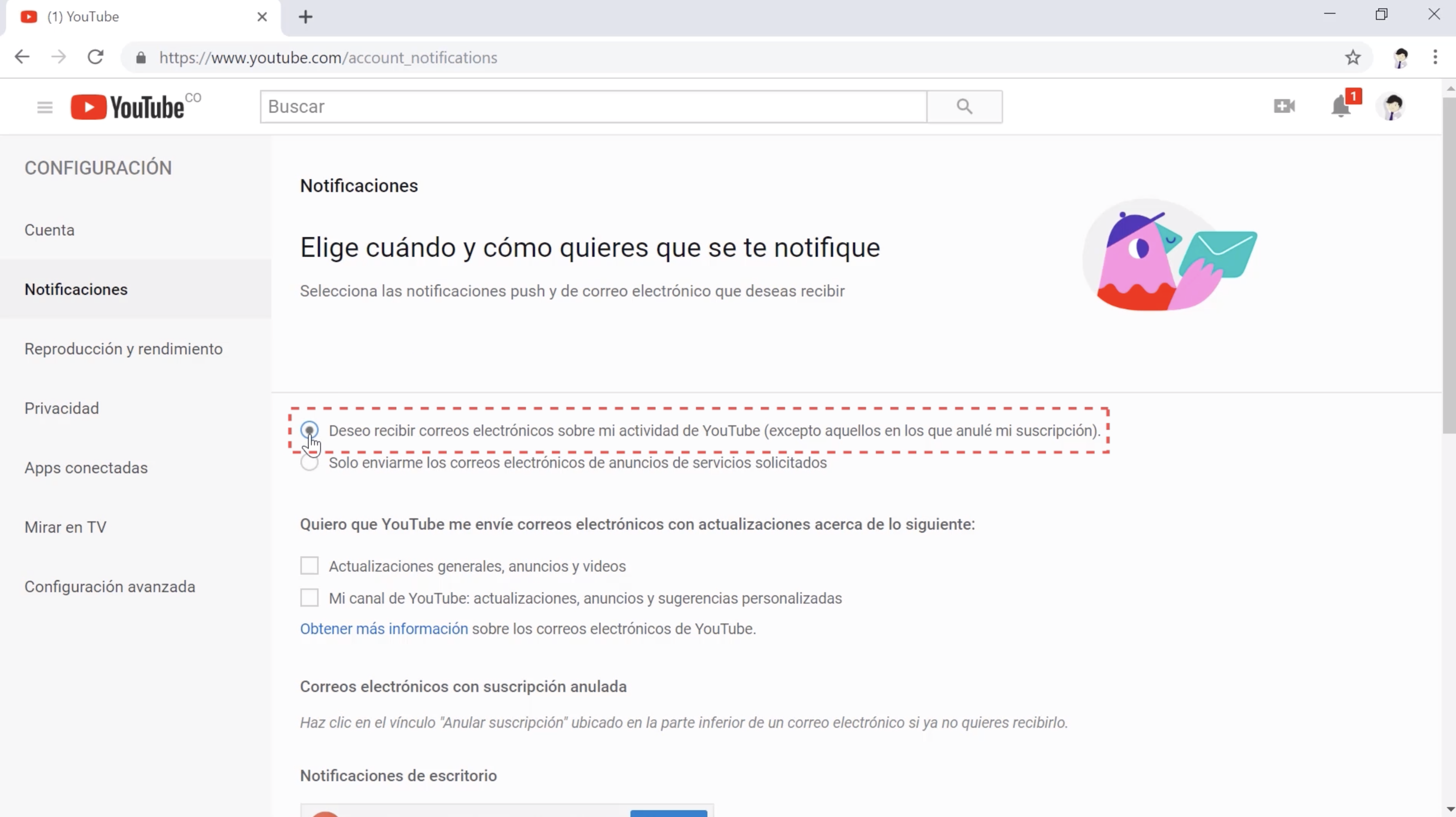 Imagen de notificaciones en YouTube.